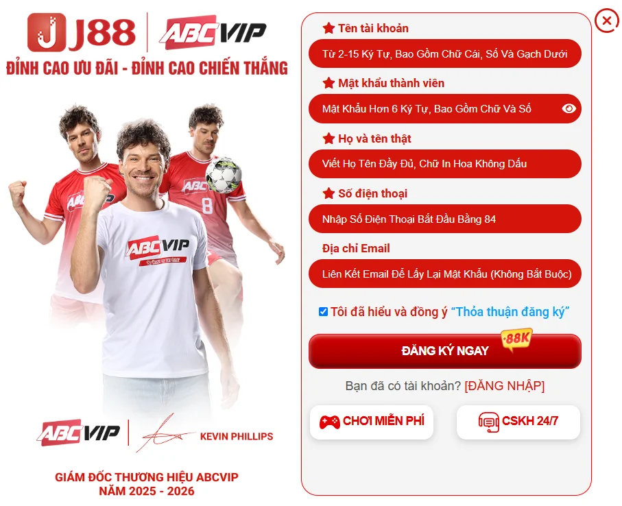 Mẫu giao diện đăng ký tại web J88